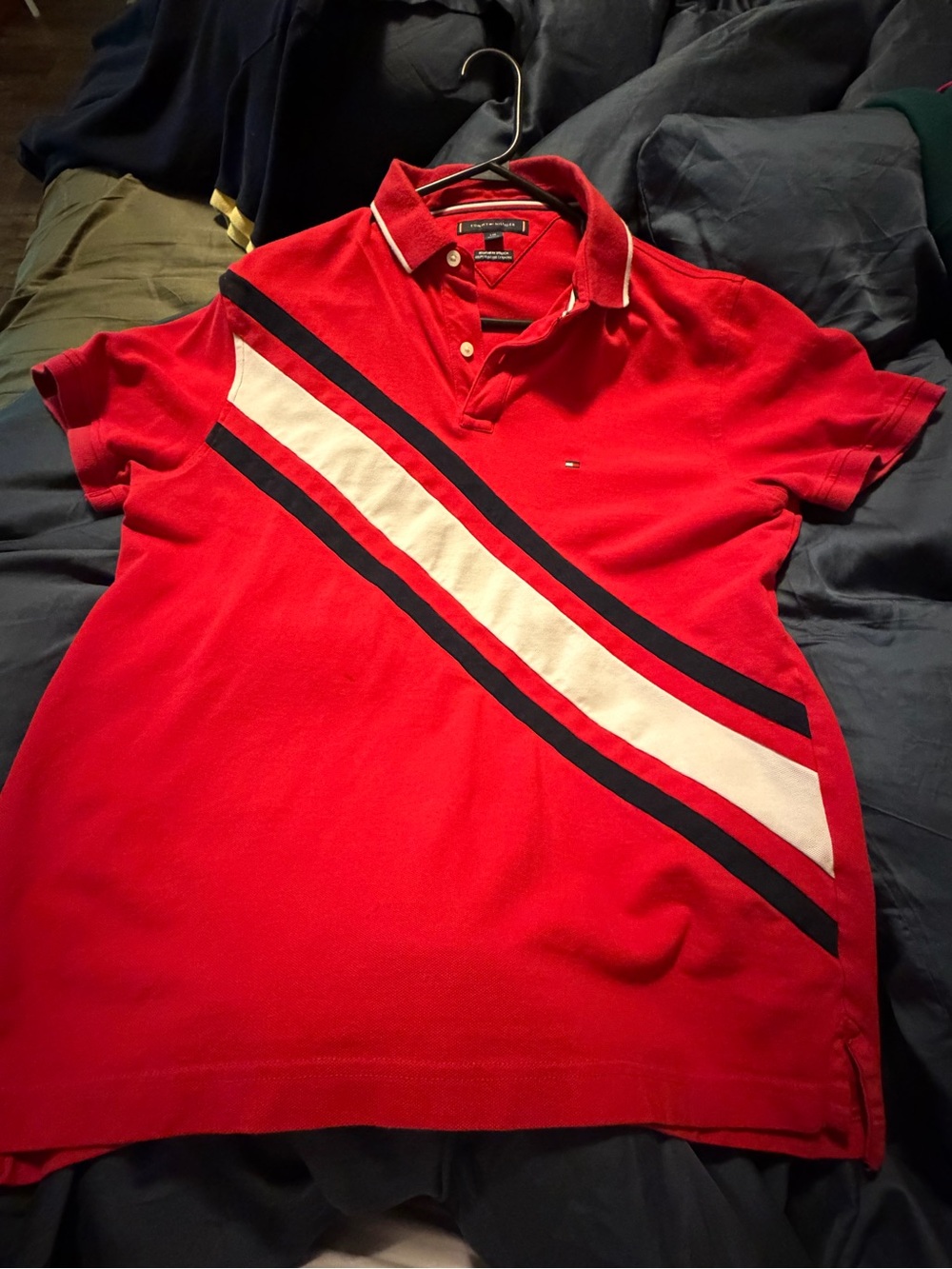 Tommy Hilfiger Red Polo with Diagonal Navy and White Stripes